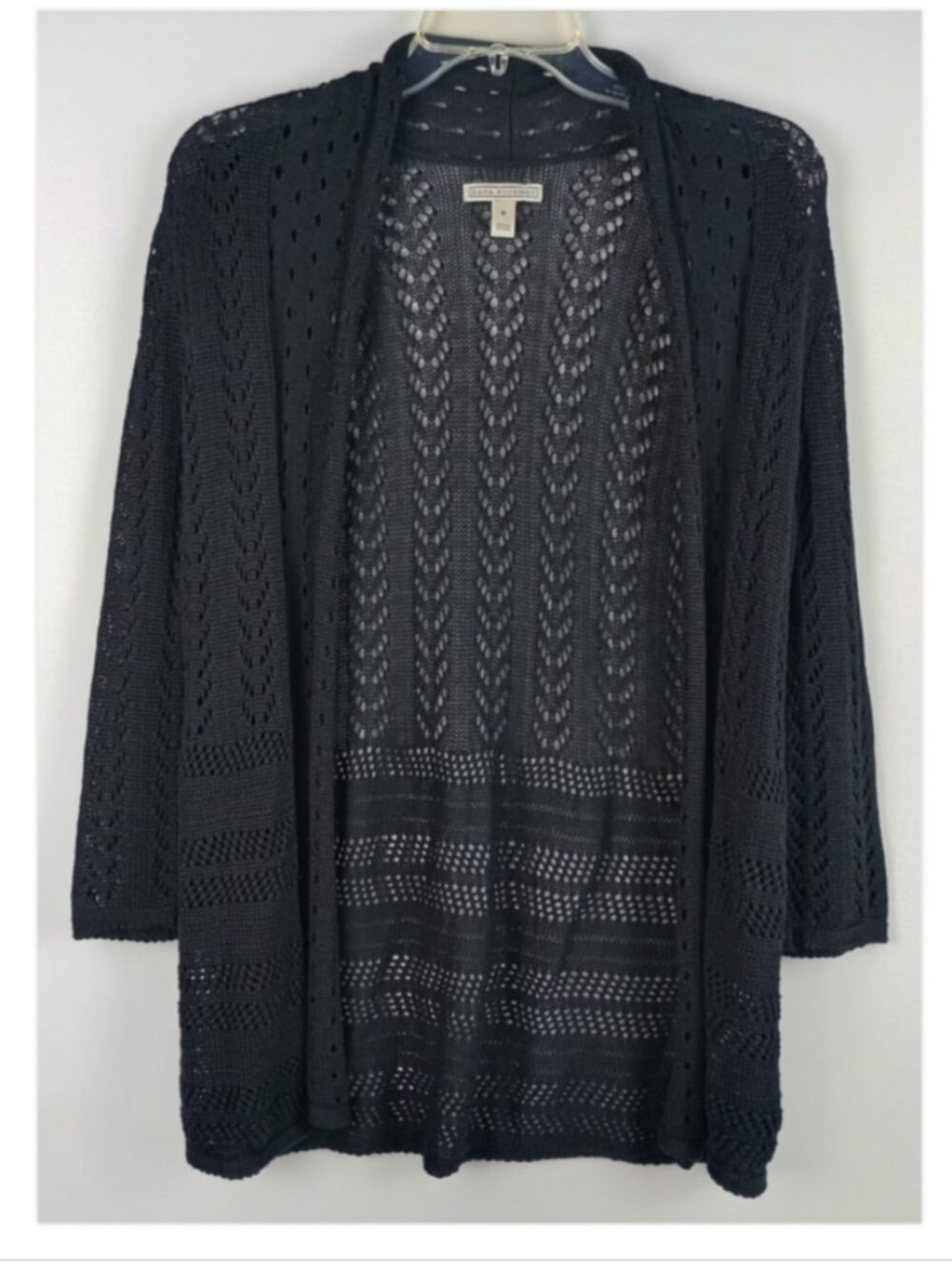 Dana Buchman Women S Black Pointelle Knit 3/4 Sleeve Open Front Cardigan Sweater